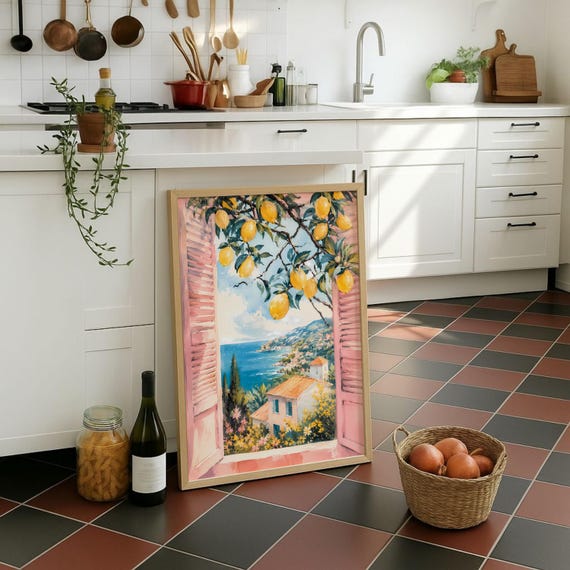 Digital Download Amalfi Coast Lemon Poster Mediterranean Window View Print Italy Watercolor Painting File Coastal Kitchen Decor
