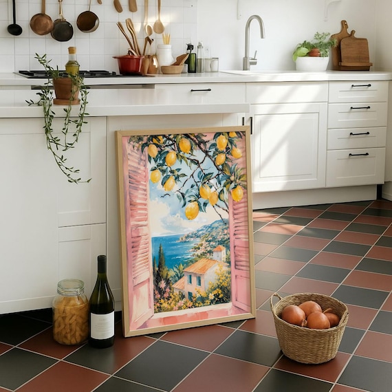 Lemon Tree Window Coastal Village Sunny Mediterranean Watercolor Poster