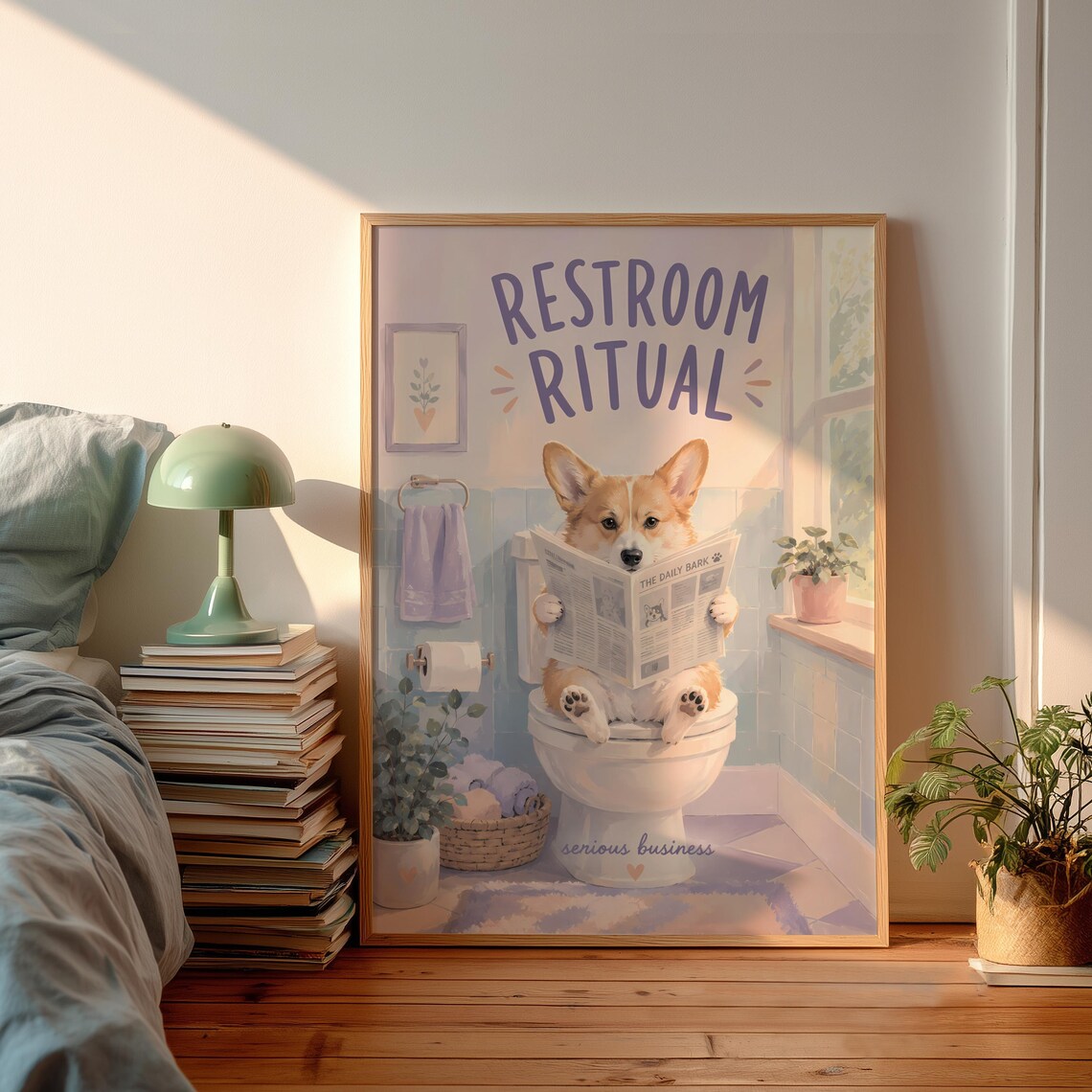 Restroom Ritual Corgi On Toilet Reading Newspaper Funny Bathroom Poster