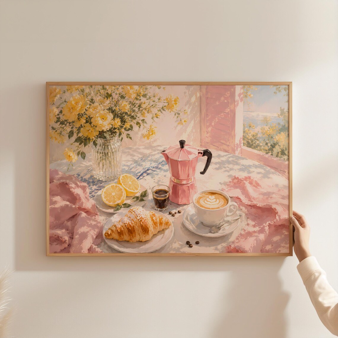 Morning Coffee Pink Moka Pot Croissant Latte Lemon Floral Art Poster