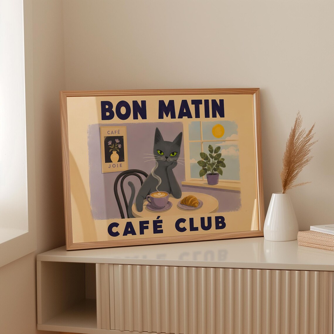 Bon Matin Cafe Club Green-Eyed Cat with Latte and Croissant Poster