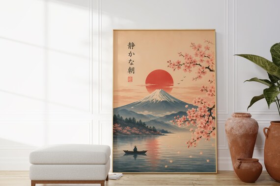 Printable Japandi Cherry Blossom Poster Mount Fuji Landscape Art Download Zen Japanese Calligraphy Pdf