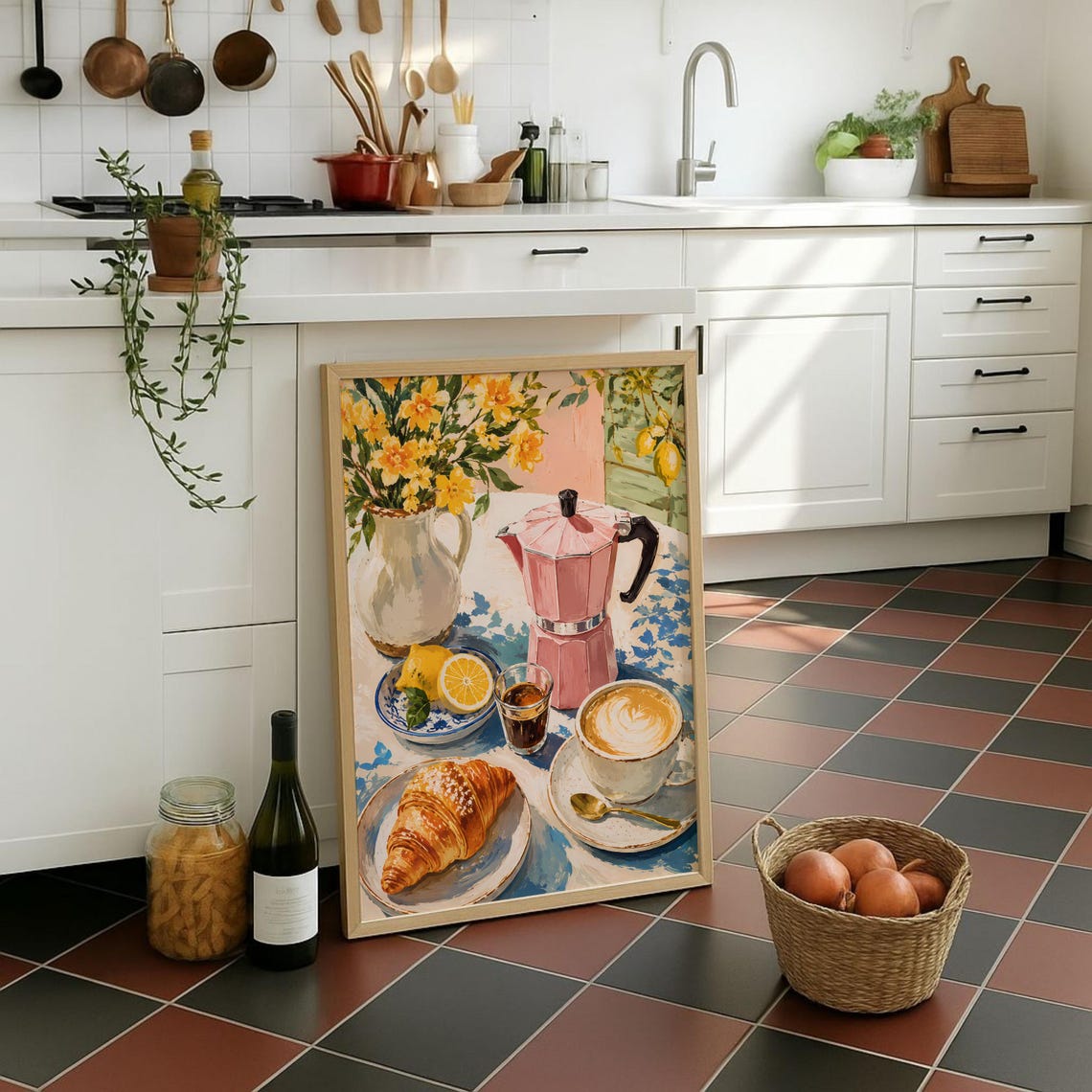 Italian Morning Coffee Pink Moka Pot Kitchen Still Life Poster