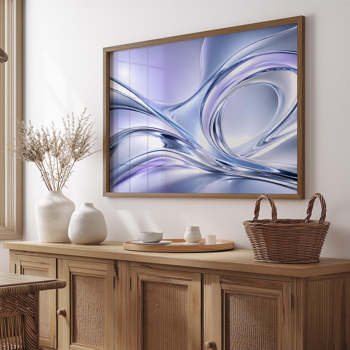Flowing Blue Glass Waves Abstract Modern Swirl Painting Poster
