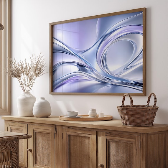 Pastel Lavender Chrome Fluid Wall Art Silver Purple Liquid Metal Poster Modern Abstract Swirl Print Minimalist Room Decor