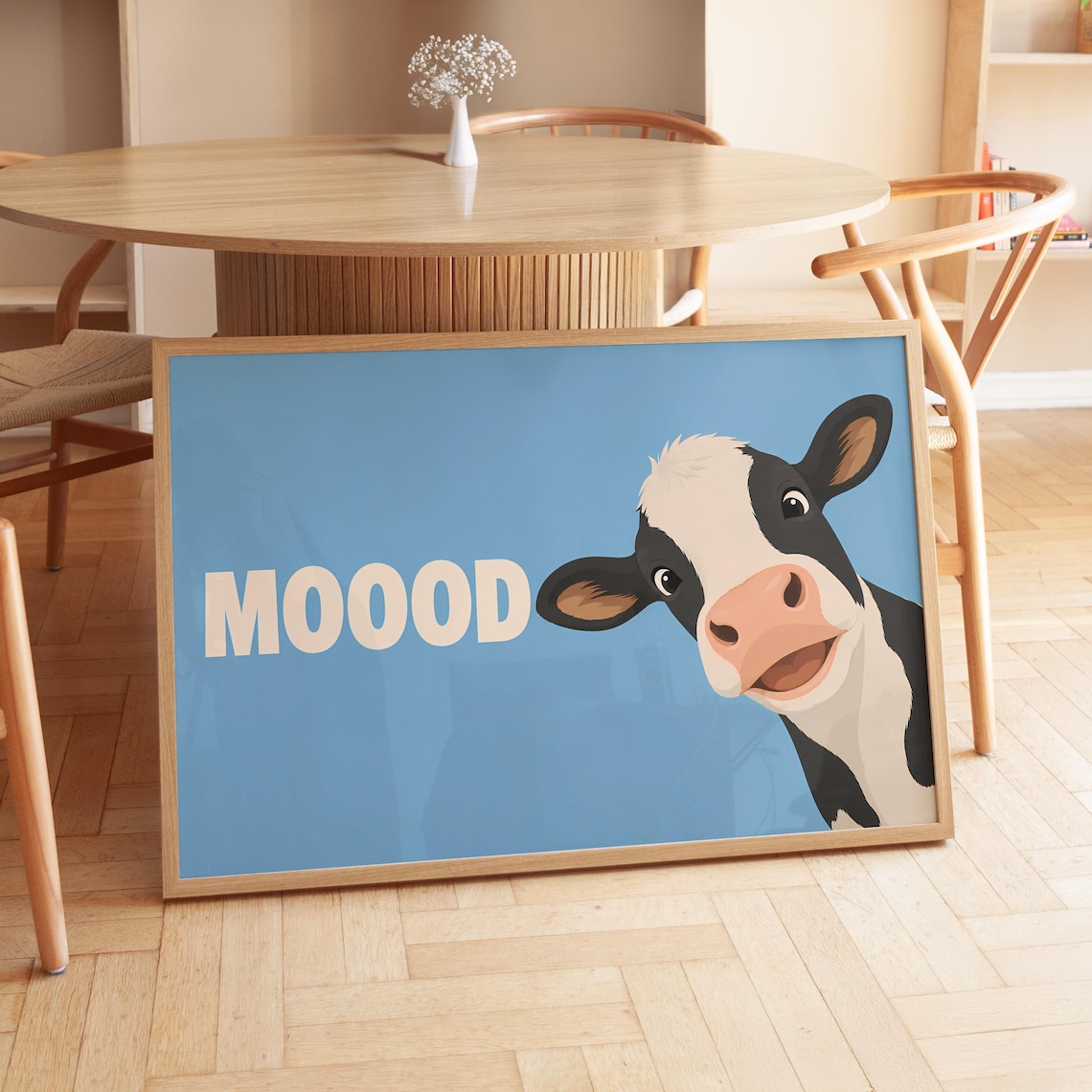 Mooood Funny Cow Poster Blue Cheerful Farm Animal Humor Wall Decor Gift