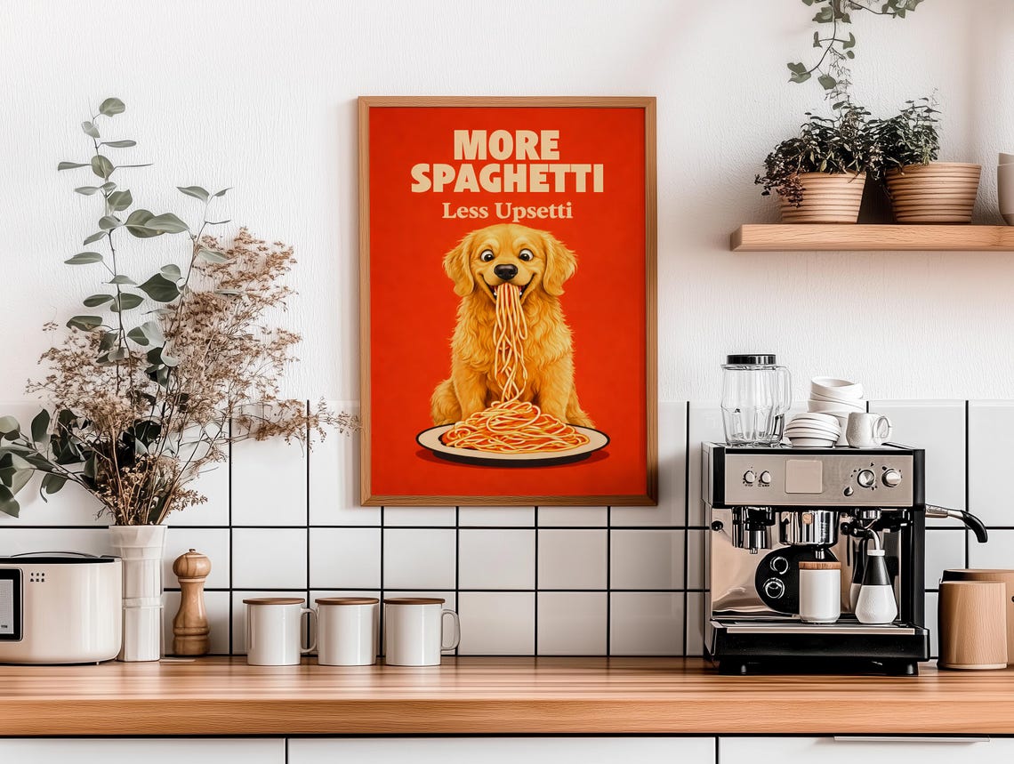 Golden Retriever More Spaghetti Less Upsetti Funny Dog Kitchen Poster
