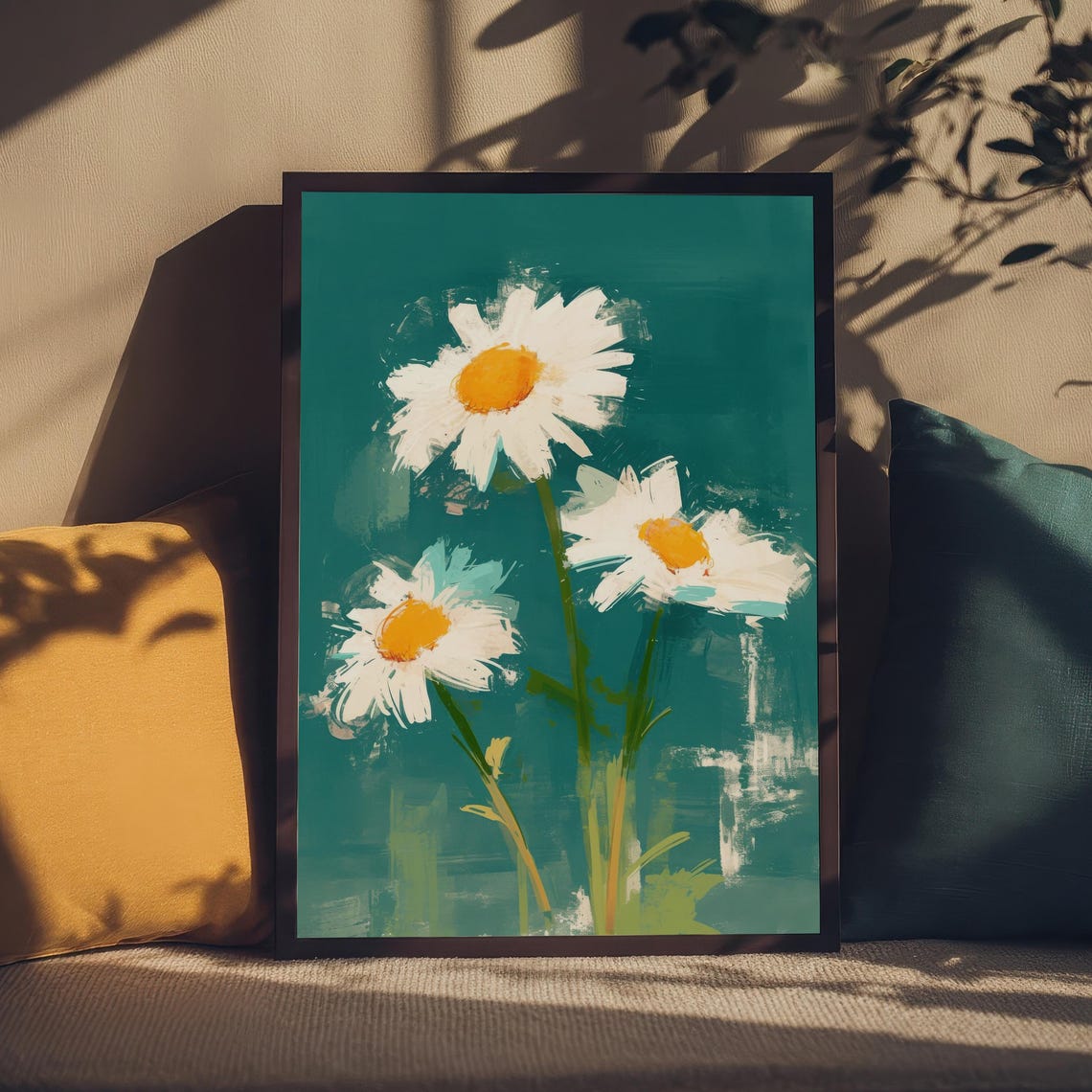 White Daisies Trio on Deep Teal Modern Floral Painting Art Print