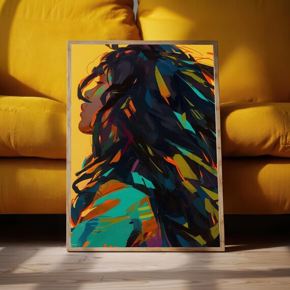 Colorful Abstract Woman with Flowing Hair on Yellow Art Print