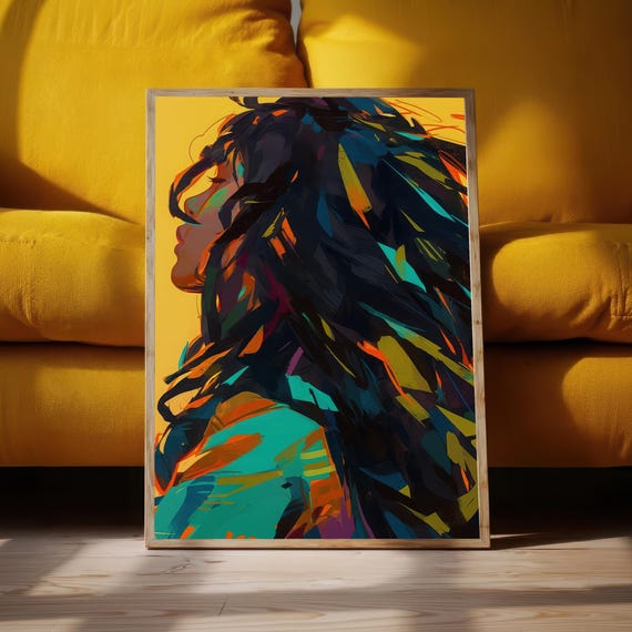 Expressive Abstract Portrait Colorful Hair Art Vibrant Painterly Wall Decor Modern Figure Illustration