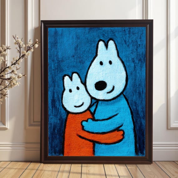 Two Hugging Bears Wall Art Print Minimalist Love Painting Wood Framed Decor
