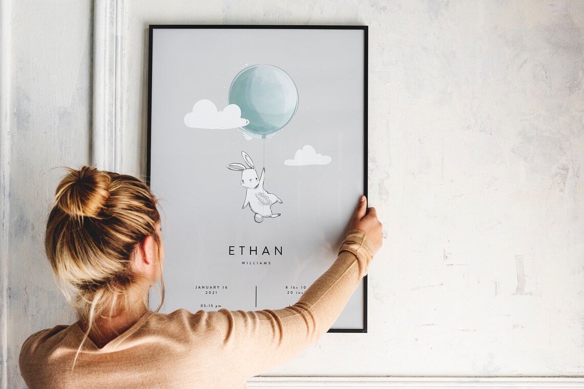 Bunny Balloon Personalized Baby Boy Birth Stats Sign - Image 2