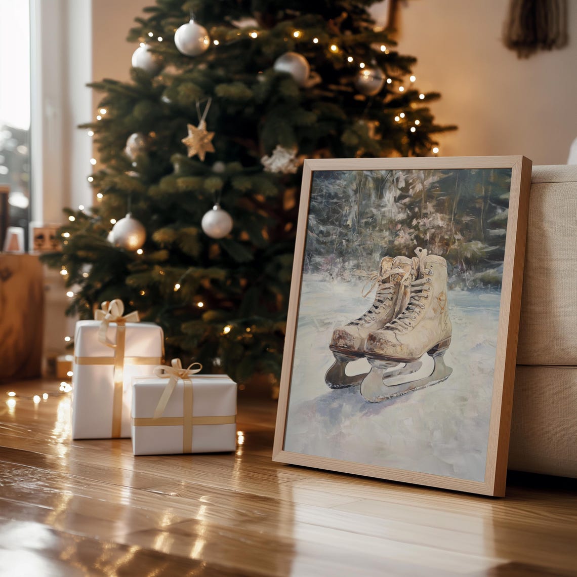 Vintage Ice Skates On Ice Winter Forest Neutral Holiday Painting Print - Image 3