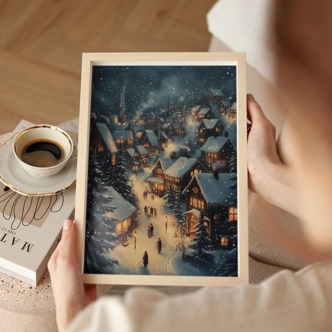 Christmas Village At Night Wall Art Snowy Winter Scene Print Christmas Houses Oil Painting With Flickering Lights Festive Christmas Eve Art - Image 3
