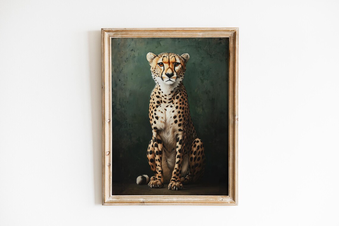 Cheetah Wall Art Dark Green Poster Elegant Animal Portrait Wild Cat Painting Cheetah Sitting Oil Art Feline Wall Art - Image 3