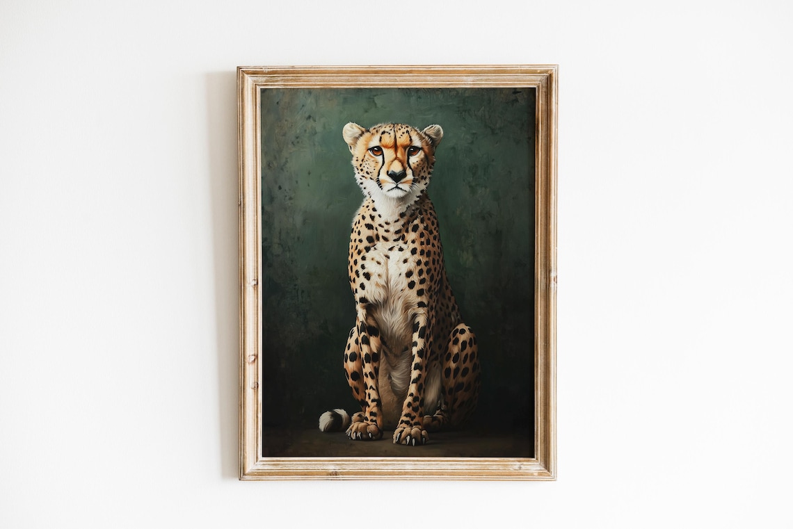 Sitting Cheetah Oil Portrait Dark Green Elegant Animal Poster - Image 3