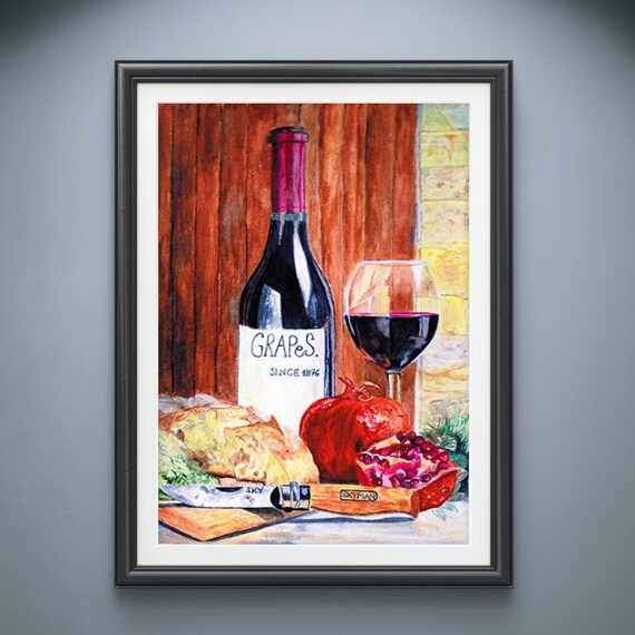 Red Wine Still Life Grapes 1876 Bottle Glass Vintage Kitchen Print