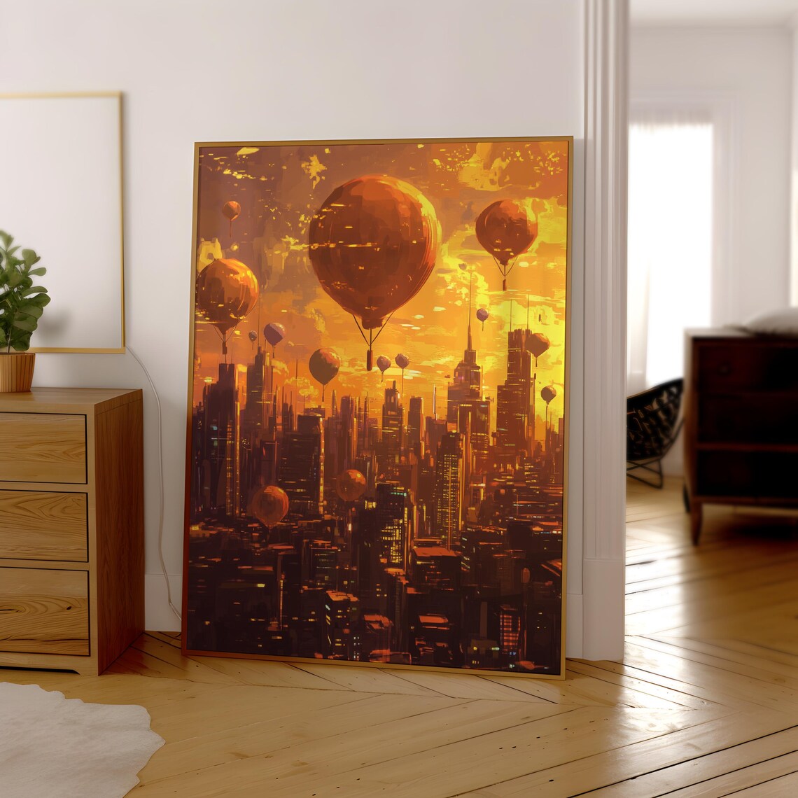 Golden Sunset Futuristic City Hot Air Balloons Warm Urban Art Poster - Image 2