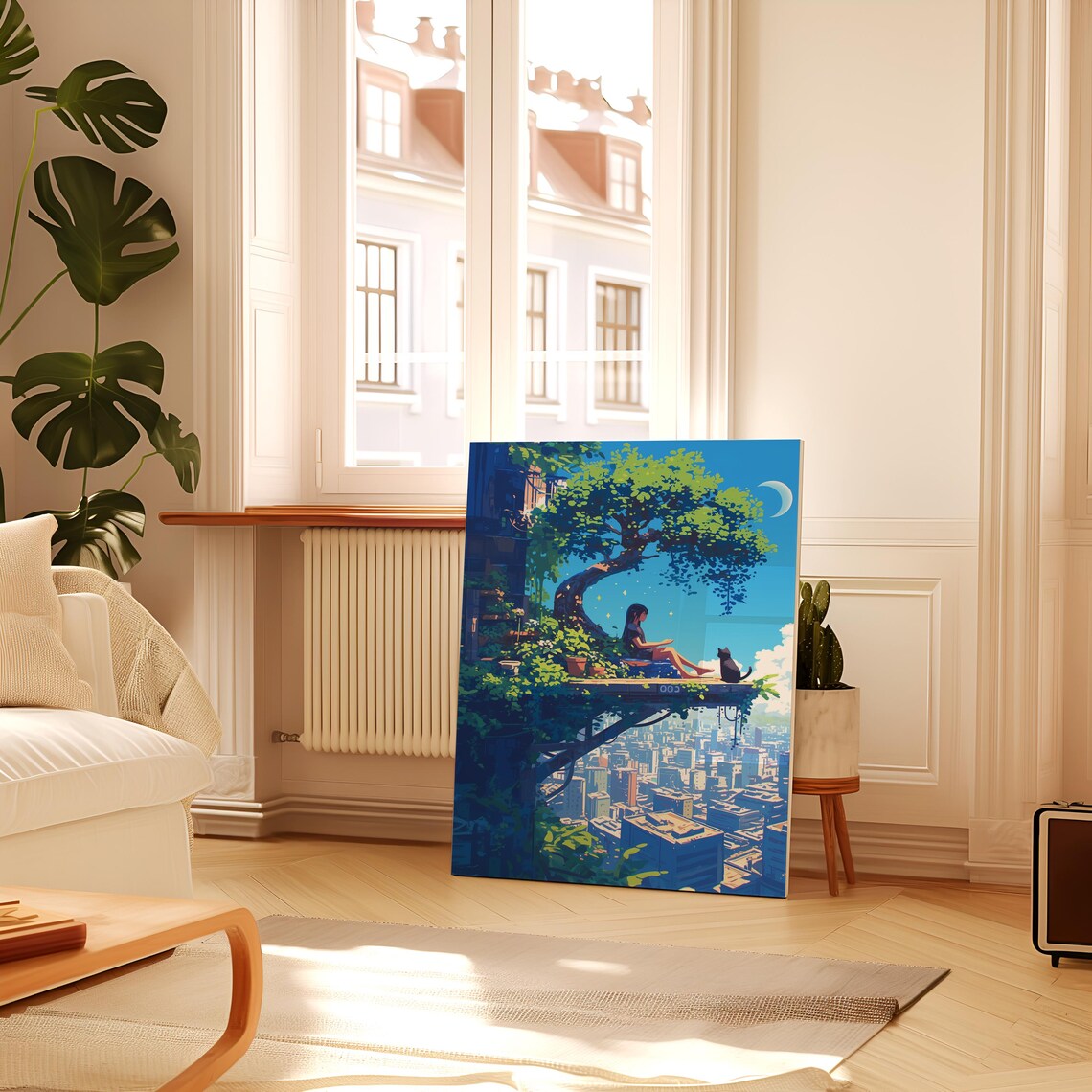 Anime Girl Cat Rooftop Garden City Skyline Crescent Moon Art Poster - Image 3