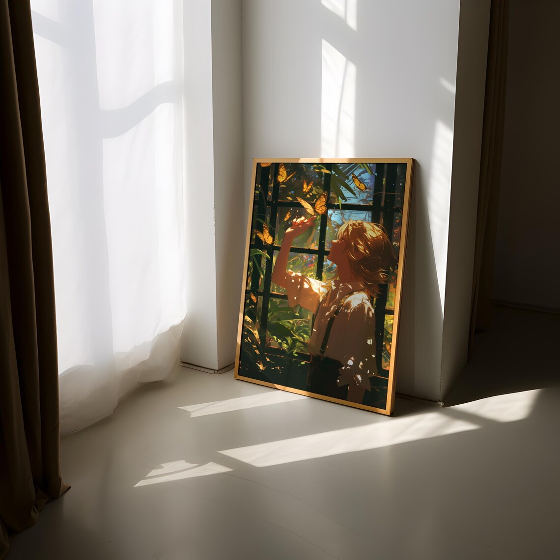 Anime Boy With Butterflies in Sunlit Garden Greenhouse Poster - Image 3