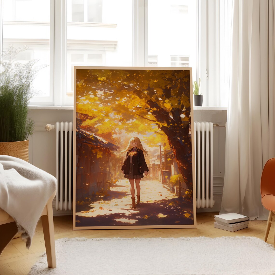 Anime Girl Walking Down Golden Autumn Tree Lined Street Poster - Image 4