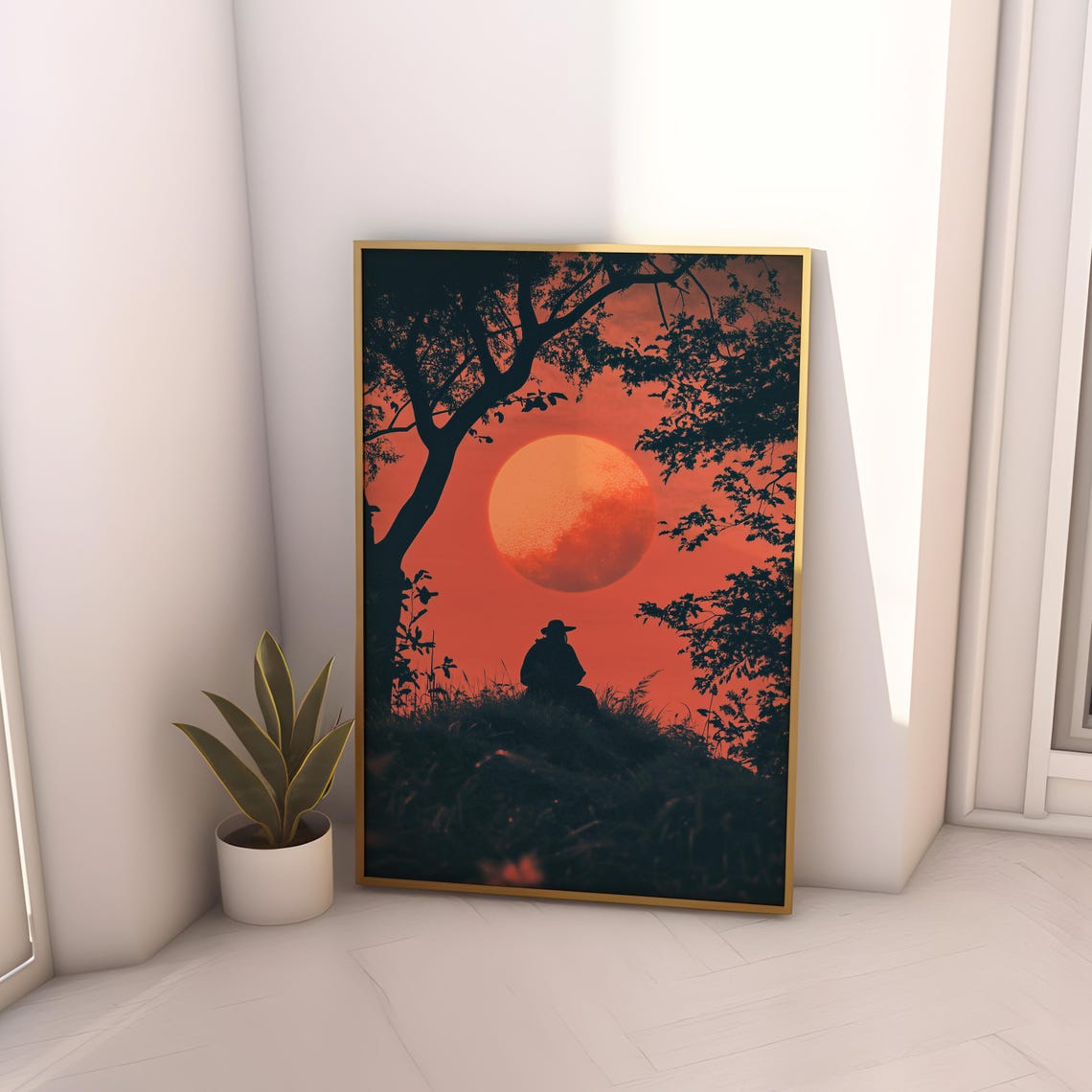 Lone Traveler Red Sun Silhouette Nature Tree Branches Poster - Image 2