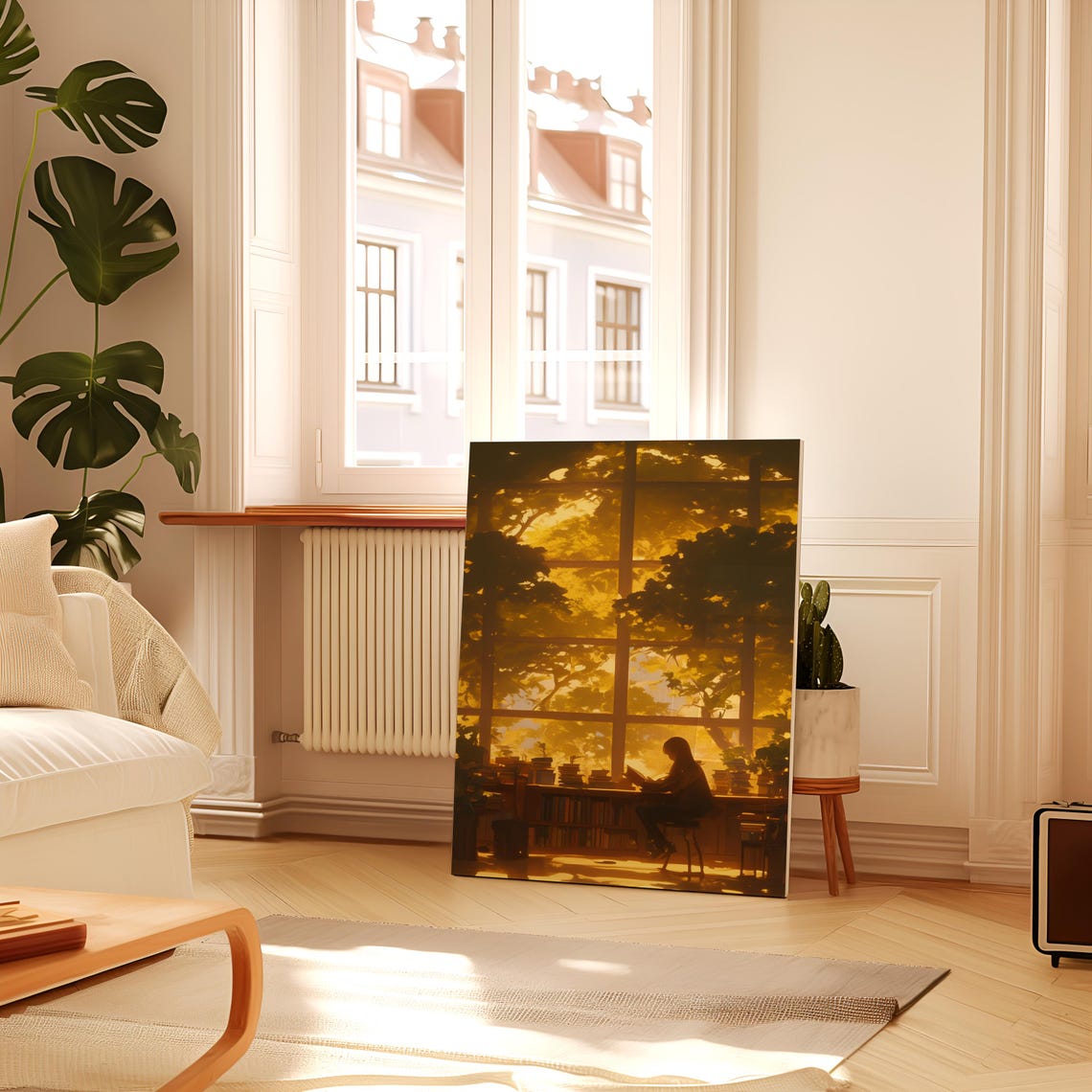 Sunlit Library Reading Nook Golden Sunset Window View Poster - Image 2