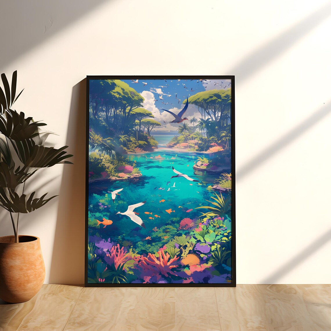 Vivid Tropical Lagoon With Seabirds and Coral Reef Anime Poster - Image 2