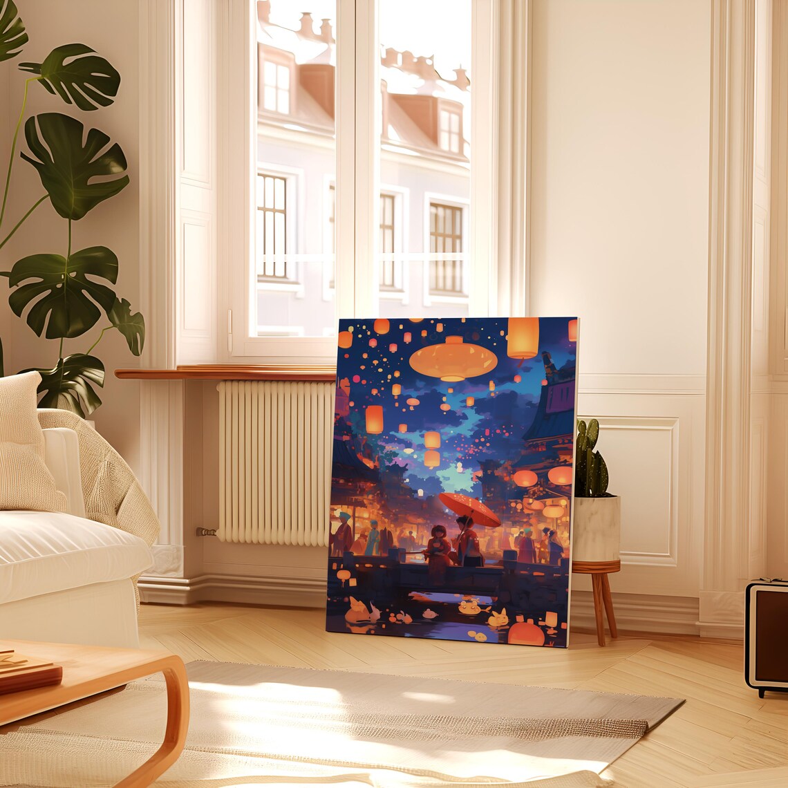 Anime Night Festival Floating Lanterns Couple Bridge Pagoda Art Poster - Image 2
