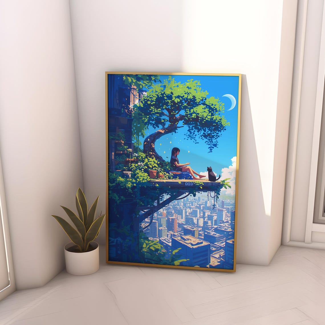 Anime Cityscape Poster For Room Decor Peaceful Girl And Cat Art Japanese Aesthetic Wall Art Nature City Mix Gift For Anime Lovers Bedroom - Image 4