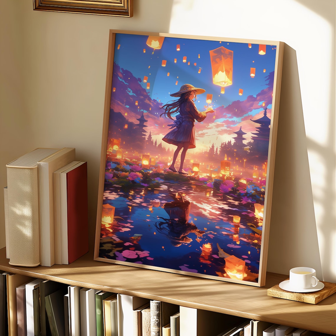 Anime Girl Releasing Glowing Sky Lanterns Over Water at Dusk Poster - Image 2