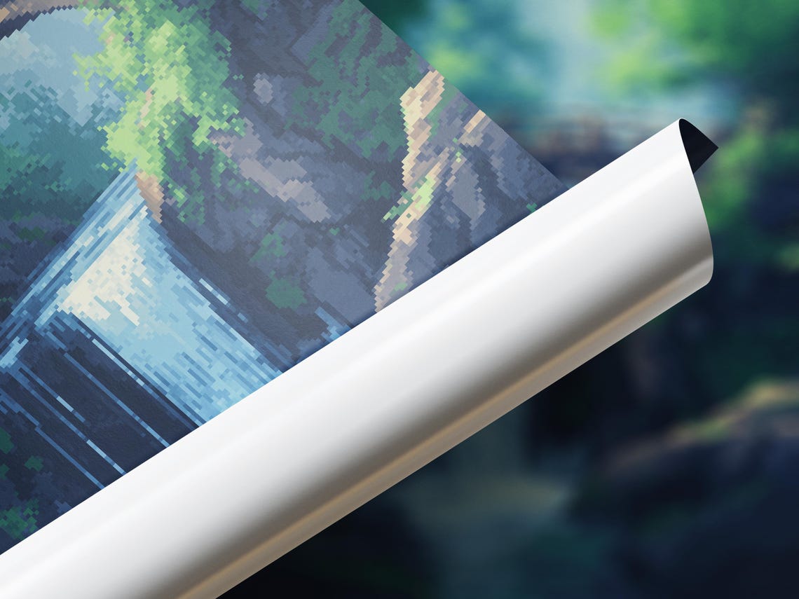 Pixel Art Stone Bridge Waterfall Lush Green Forest Stream Poster - Image 3