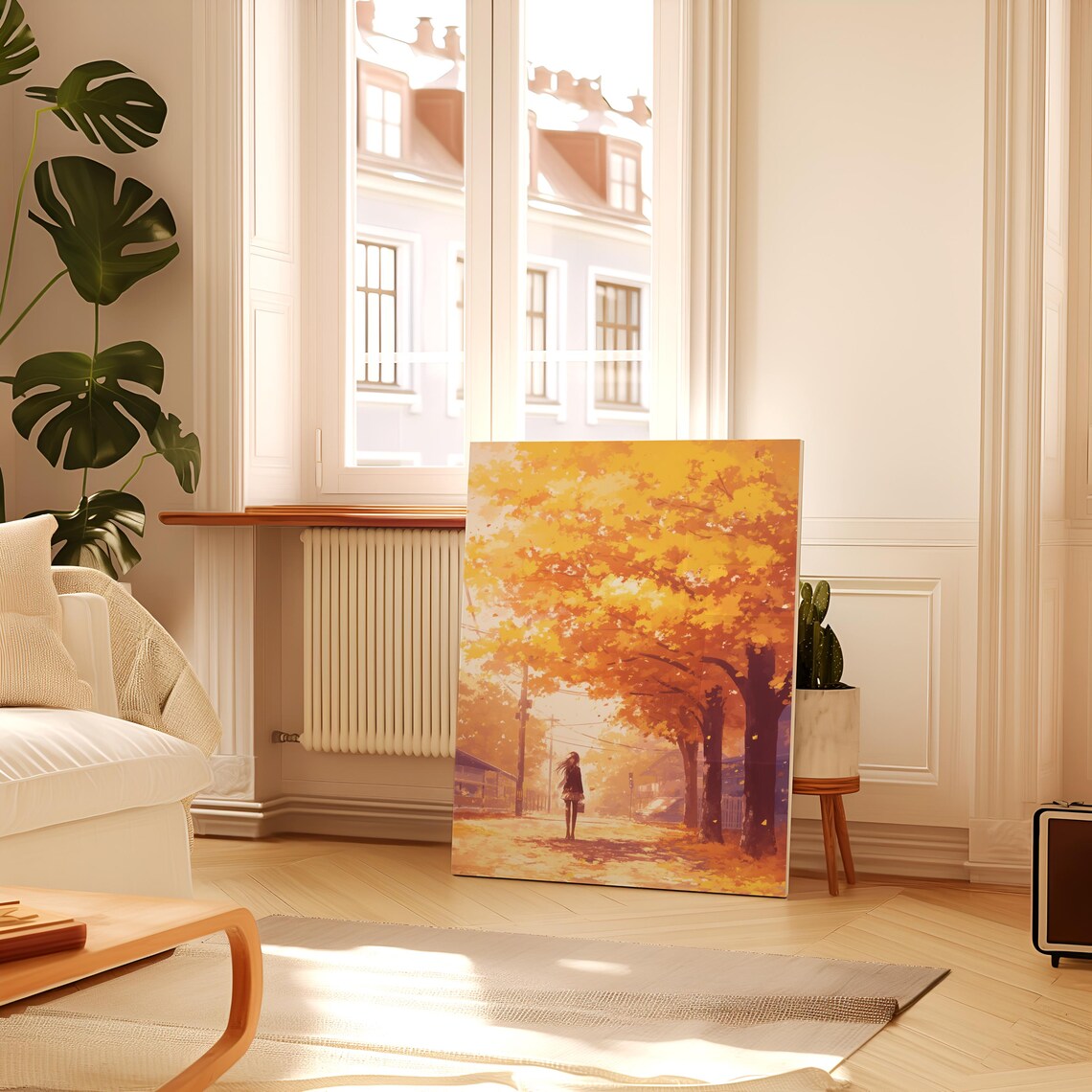 Lone Anime Girl on Autumn Road Under Blazing Orange Canopy Poster - Image 2