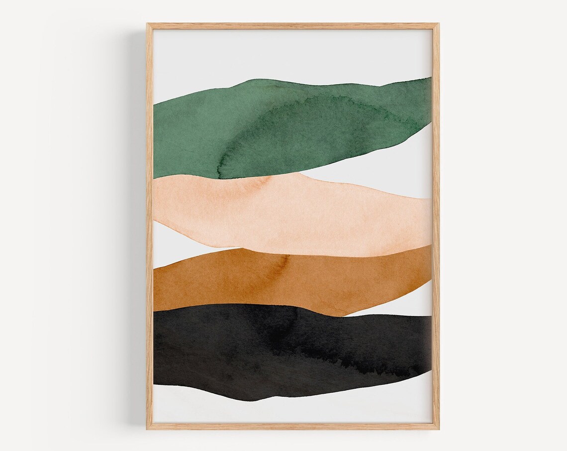 Abstract Watercolor Landscape Stripes Green Rust Beige Art Poster