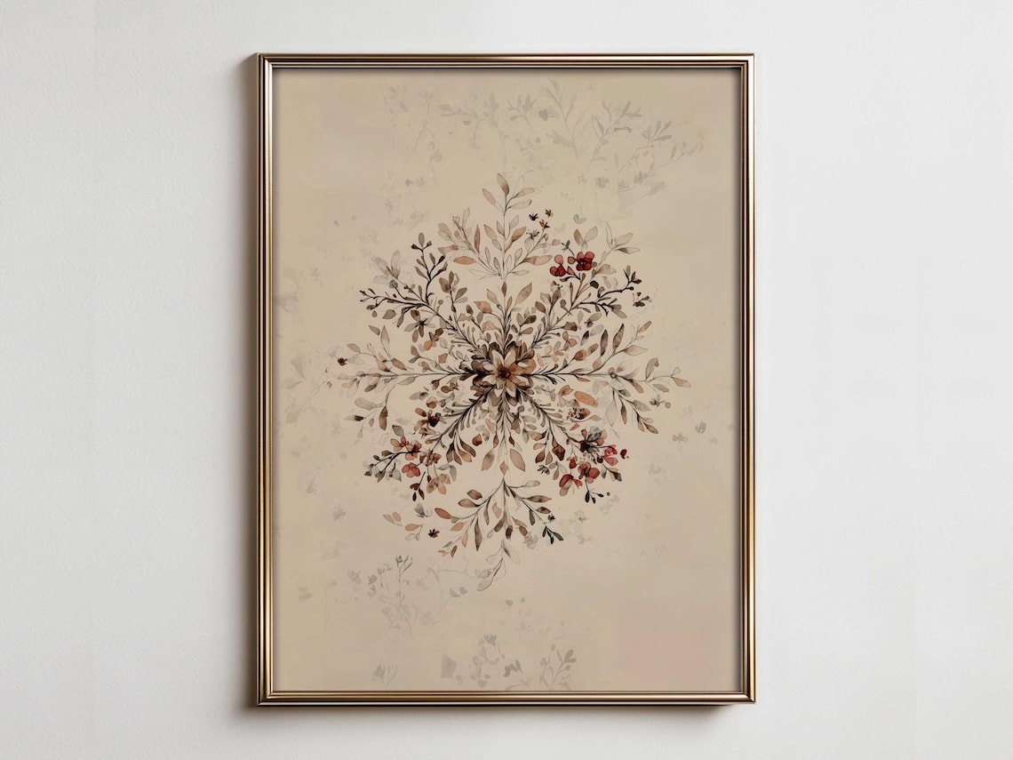 Watercolor Floral Snowflake Art Print, Winter Decor