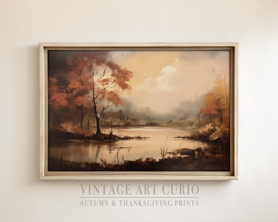 Warm Autumn Landscape Painting Vintage Rustic Fall Art Print Country Decor