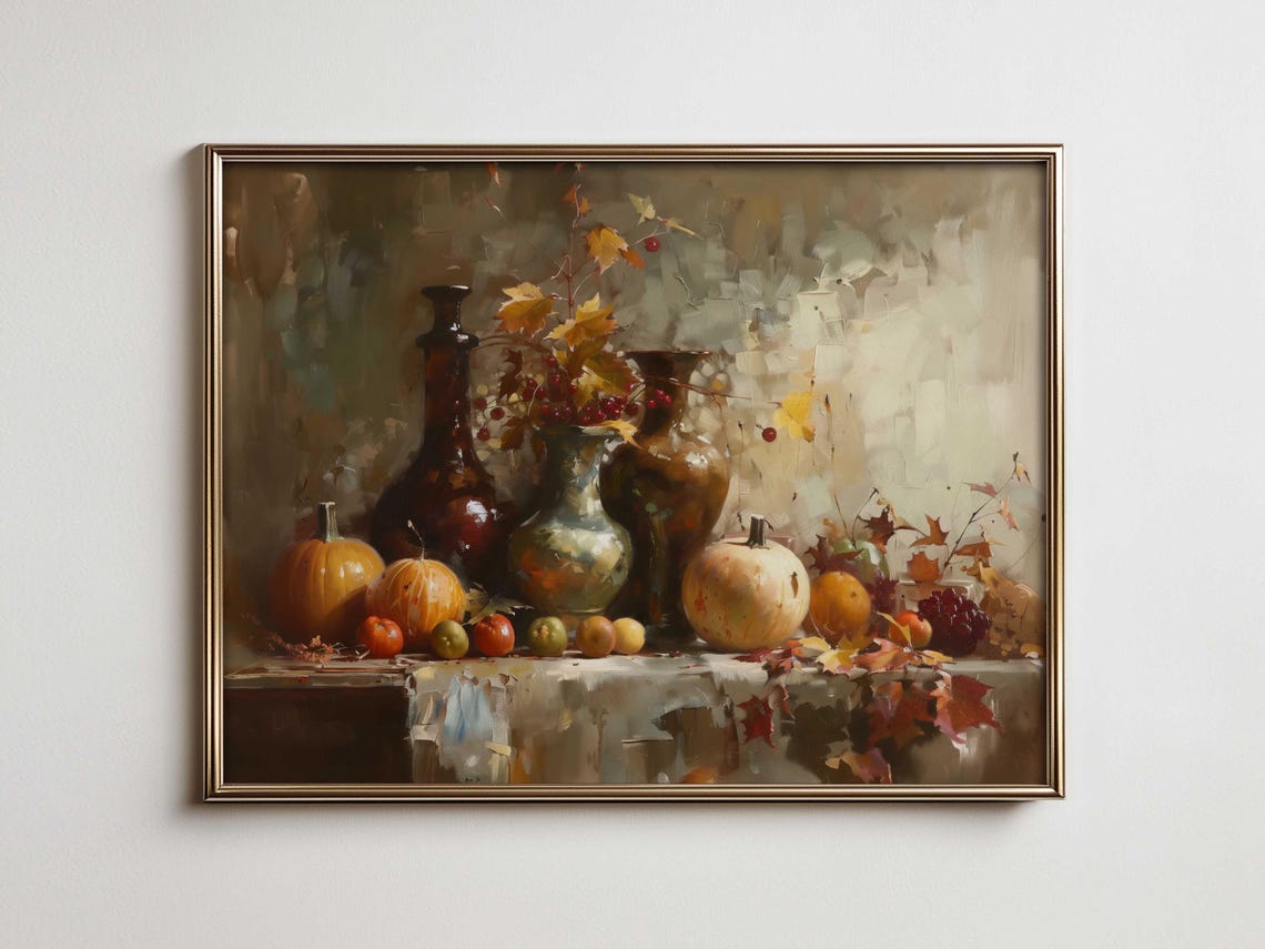 Autumn Pumpkins Vases Berries Fall Leaves Still Life Art Poster