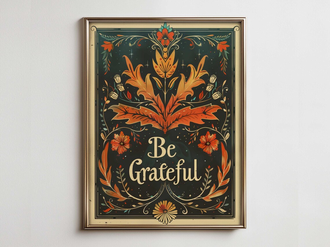 Autumn Be Grateful Vintage Botanical Folk Art Thanksgiving Poster