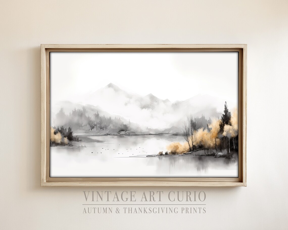 Misty Autumn Lake Minimalist Watercolor Gold Trees Fall Art Poster