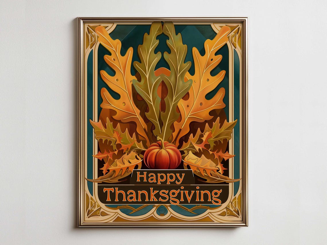 Happy Thanksgiving Pumpkin Oak Leaves Art Nouveau Poster Art