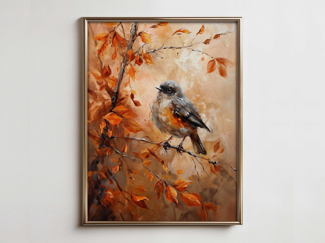 Autumn Bird on Branch Warm Neutral Tones Fall Painting Poster