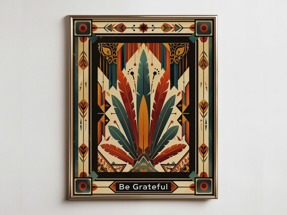 Be Grateful Art Deco Feathers Poster Warm Autumn Tones Thanksgiving Decor
