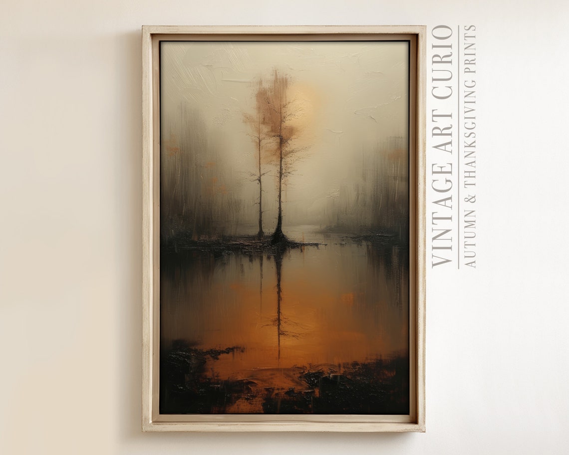 Tranquil Misty Sunrise Over Calm Lake With Tall Trees Poster