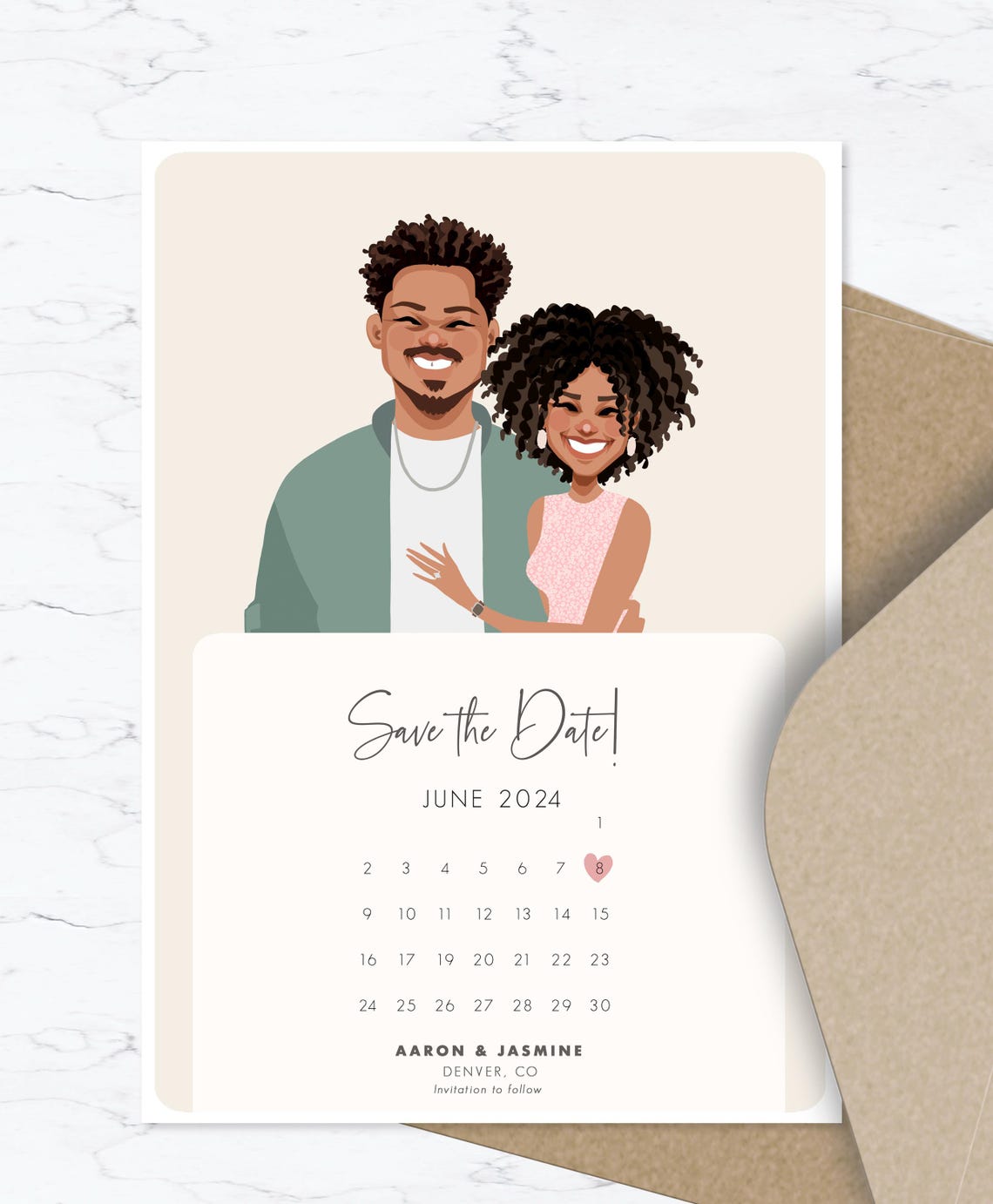 Custom Illustrated Save the Date Card With Couple Portrait Poster