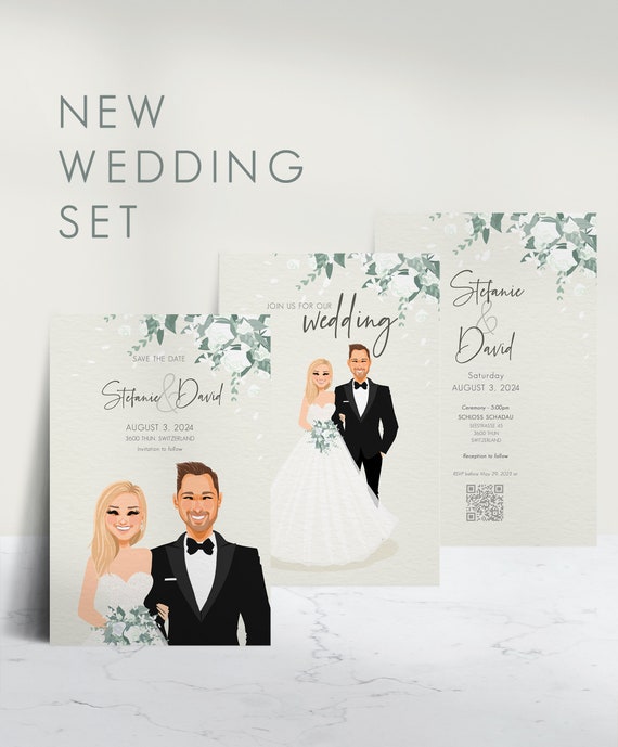 Wedding Invitations Set, Personalized Custom Portrait