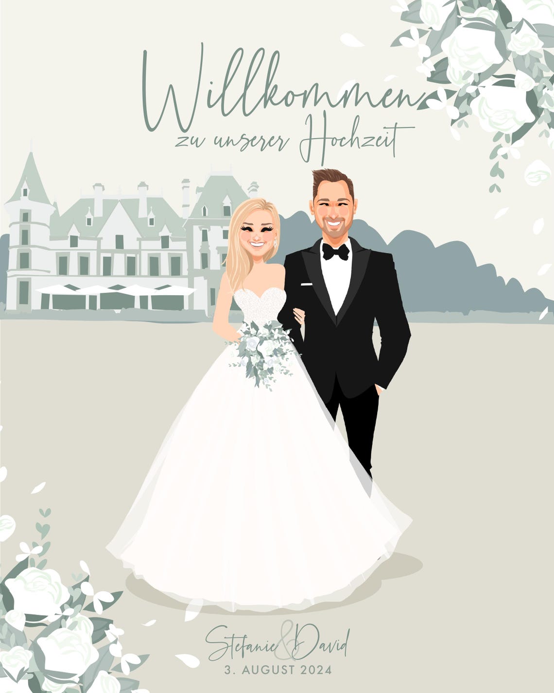 Custom German Wedding Welcome Sign Couple Portrait With Chateau Poster - Image 6