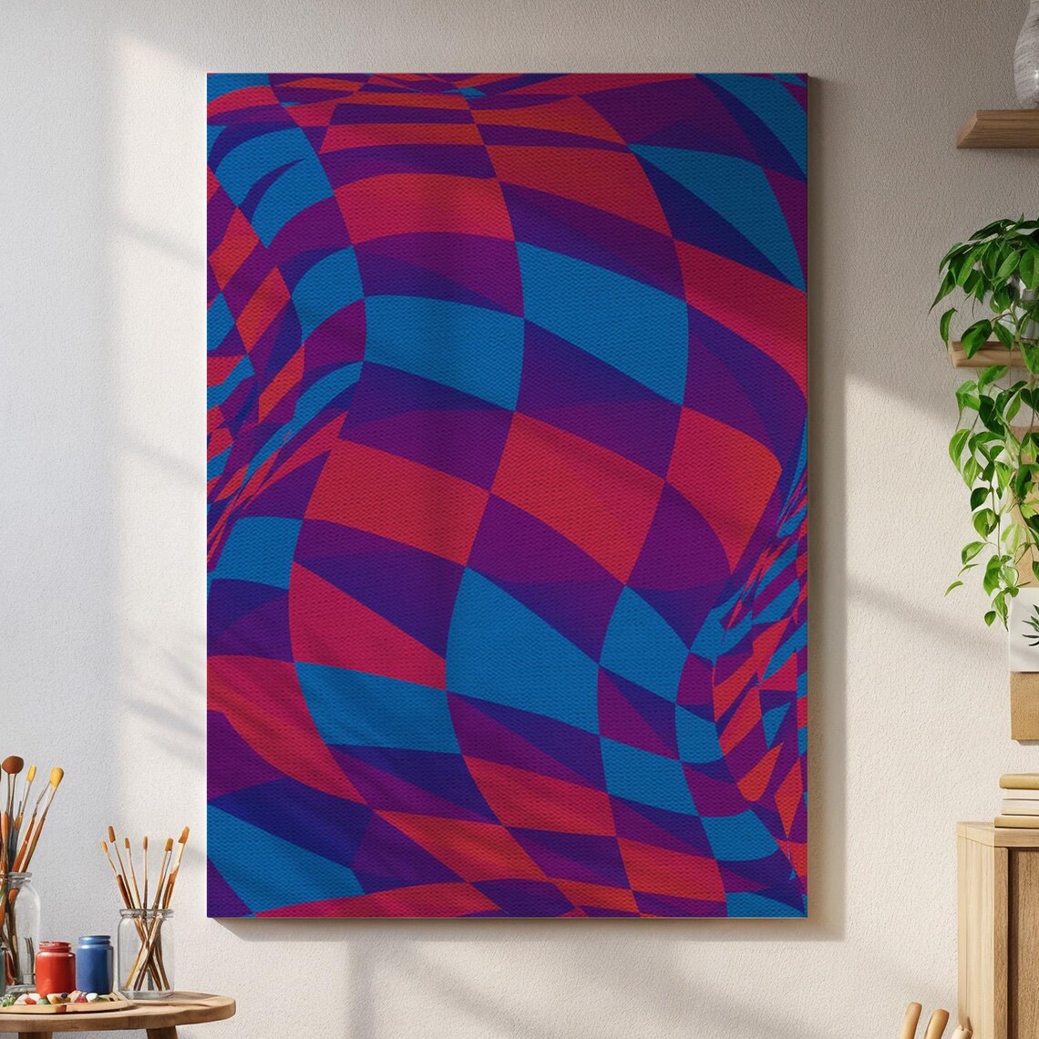 Optical Illusion Wall Art Red Blue Wavy Checkered Abstract Poster Geometric Trippy Canvas Print For Modern Room Aesthetics
