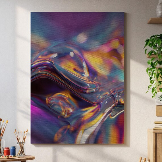Abstract Fluid Art Wall Print Iridescent Liquid Swirl Canvas In Neon Purple Gold And Teal Hues For Modern Psychedelic Interiors Home