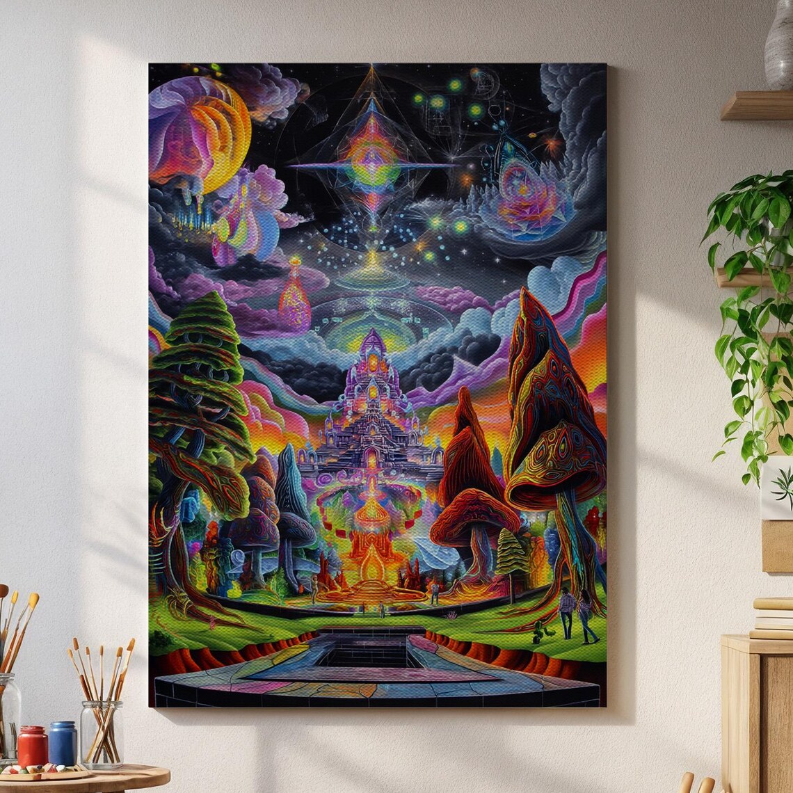 Psychedelic Cosmic Temple Neon Mushroom Forest Trippy Visionary Poster