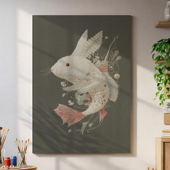 Whimsical Animal Fusion Art Print Rabbitfish Hybrid Fantasy Wall Decor Minimalist Surrealism For Natureinspired Interiors Home